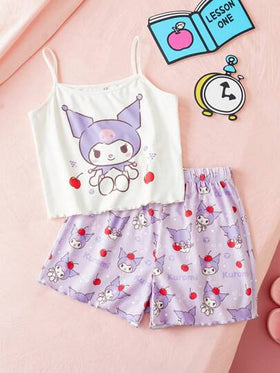 HELLO KITTY AND FRIENDS | SHEIN طقم بيجامة كاجوال مريح للفتيات المراهقات يتكون من ملابس علوية كاميسول أبيض بطباعة كرتونية وشورت بنفسجي