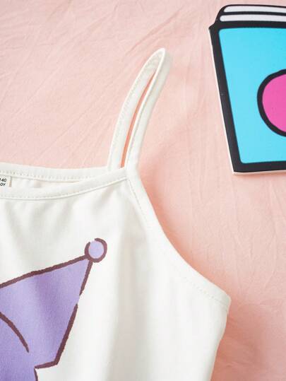 HELLO KITTY AND FRIENDS | SHEIN طقم بيجامة كاجوال مريح للفتيات المراهقات يتكون من ملابس علوية كاميسول أبيض بطباعة كرتونية وشورت بنفسجي