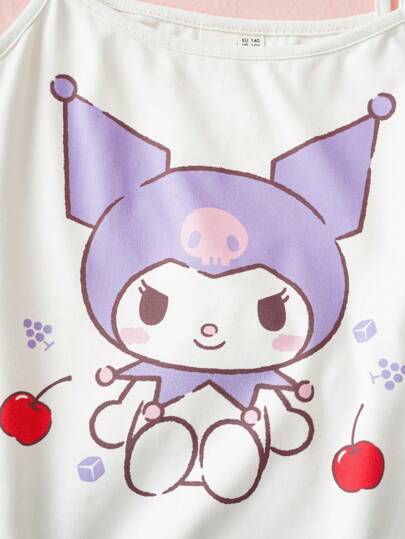 HELLO KITTY AND FRIENDS | SHEIN طقم بيجامة كاجوال مريح للفتيات المراهقات يتكون من ملابس علوية كاميسول أبيض بطباعة كرتونية وشورت بنفسجي