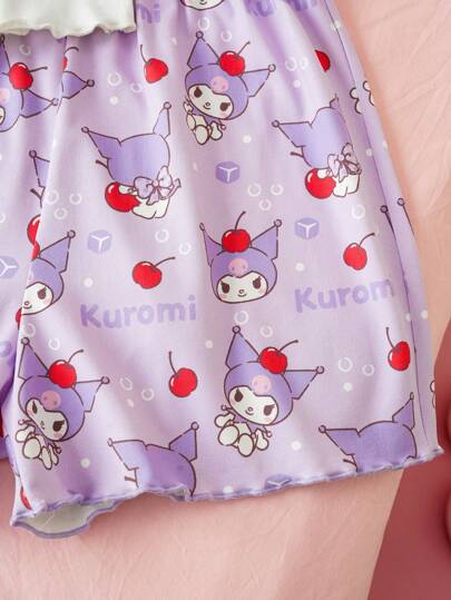 HELLO KITTY AND FRIENDS | SHEIN طقم بيجامة كاجوال مريح للفتيات المراهقات يتكون من ملابس علوية كاميسول أبيض بطباعة كرتونية وشورت بنفسجي