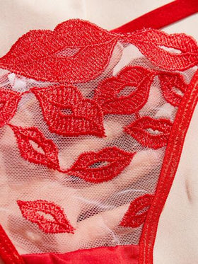 طقم ملابس داخلية نسائية صيفية جذابة 2 قطعة، حمالة صدر بتطريز شفاف على شكل شفاه حمراء وسروال داخلي قابل للتعديل، ملابس داخلية حميمة للفالنتاين/الأزواج، حمالة صدر رقيقة جداً