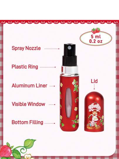 Strawberry Shortcake X SHEIN زجاجة رش كرتونية بحجم 5 مل/0.2 أوقية بطبعة فراولة محلاة، قابلة للتعبئة من الأسفل للسوائل، يمكن استخدامها لحفظ العطور ومياه العناية بالبشرة والمنتجات السائلة الأخرى، جسم مدمج للحمل بسهولة