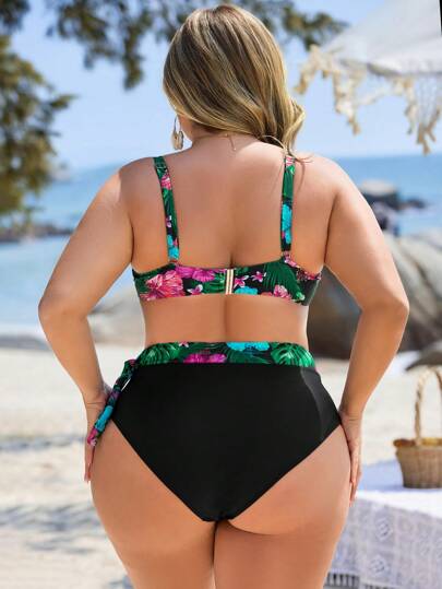 Swim Lushoire مجموعة بيكيني 2 قطعة للمرأة البدينة، القمة المنقوشة بالنباتات الاستوائية العشوائية ذات الكشكشة غير المتماثلة وبيكيني ذو خصر عالي، بتصميم بسيط للاستخدام اليومي والرحلات