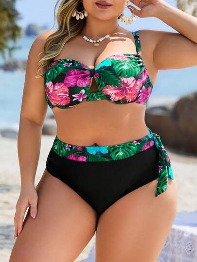 Swim Lushoire مجموعة بيكيني 2 قطعة للمرأة البدينة، القمة المنقوشة بالنباتات الاستوائية العشوائية ذات الكشكشة غير المتماثلة وبيكيني ذو خصر عالي، بتصميم بسيط للاستخدام اليومي والرحلات
