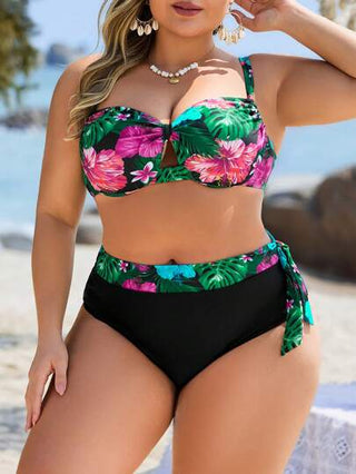 Swim Lushoire مجموعة بيكيني 2 قطعة للمرأة البدينة، القمة المنقوشة بالنباتات الاستوائية العشوائية ذات الكشكشة غير المتماثلة وبيكيني ذو خصر عالي، بتصميم بسيط للاستخدام اليومي والرحلات