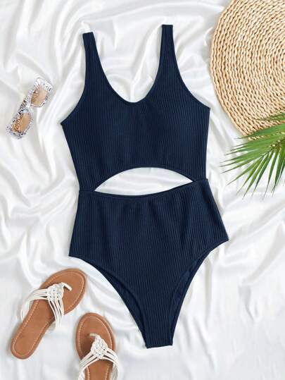 مايوه حريمي قطعة واحدة Swim Basics بيكيني قطعة واحدة بلون أحادي مقطع على الخصر للنساء ، مناسب للعطلات