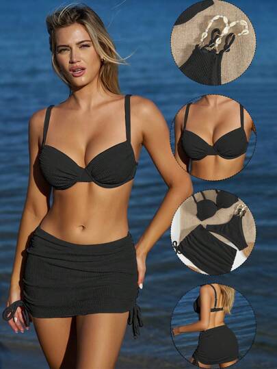 طقم تانكيني حريمي Swim Mod 3 قطع / مجموعة للنساء بدلة سباحة أنيقة ورومانسية مكونة من الجزء العلوي من خزان ذي قصة كشكشة مبطنة تحت السلكي، وجزء سفلي أخدود عالٍ من القماش الصلب