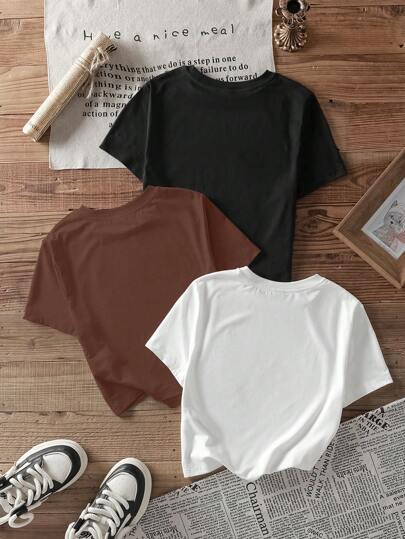 EZwear طقم من 3قطع تيشيرت قصير الأكمام بطباعة نص إنجليزي ميلانو بسيط عادي للنساء، صيف