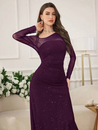 Modelyn العيد فستان طويل مناسب للنساء ذو ياقة غير متماثلة من قماش الشبك اللامع وماسك للجسم