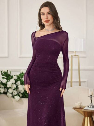 Modelyn العيد فستان طويل مناسب للنساء ذو ياقة غير متماثلة من قماش الشبك اللامع وماسك للجسم