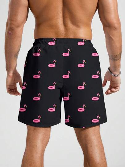 Manfinity Swimmode شورت شاطئ هاواي كاجوال بطباعة حلقة السباحة، مناسب للأعياد والأجازات