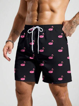 Manfinity Swimmode شورت شاطئ هاواي كاجوال بطباعة حلقة السباحة، مناسب للأعياد والأجازات