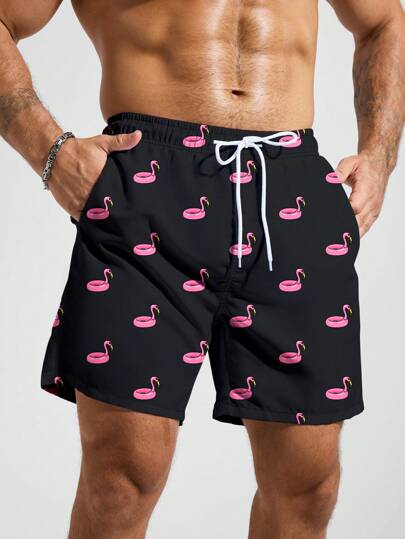 Manfinity Swimmode شورت شاطئ هاواي كاجوال بطباعة حلقة السباحة، مناسب للأعياد والأجازات