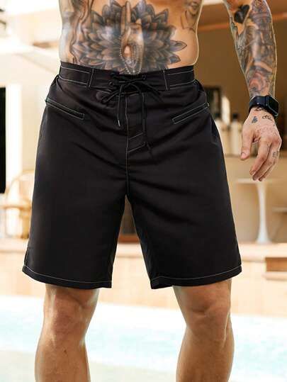 Manfinity Swimmode شورت شاطئ بجيب وأزرار أمامية بسيط للرجال ، عطلة عادية
