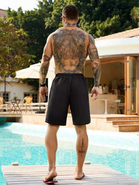 Manfinity Swimmode شورت شاطئ بجيب وأزرار أمامية بسيط للرجال ، عطلة عادية