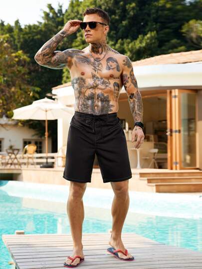 Manfinity Swimmode شورت شاطئ بجيب وأزرار أمامية بسيط للرجال ، عطلة عادية