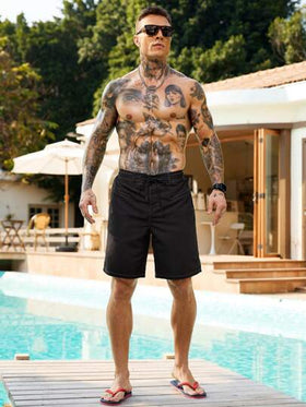 Manfinity Swimmode شورت شاطئ بجيب وأزرار أمامية بسيط للرجال ، عطلة عادية