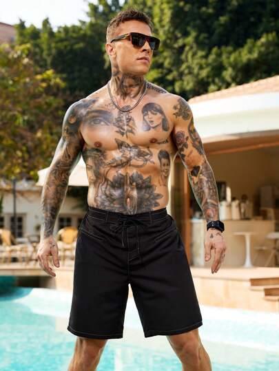 Manfinity Swimmode شورت شاطئ بجيب وأزرار أمامية بسيط للرجال ، عطلة عادية
