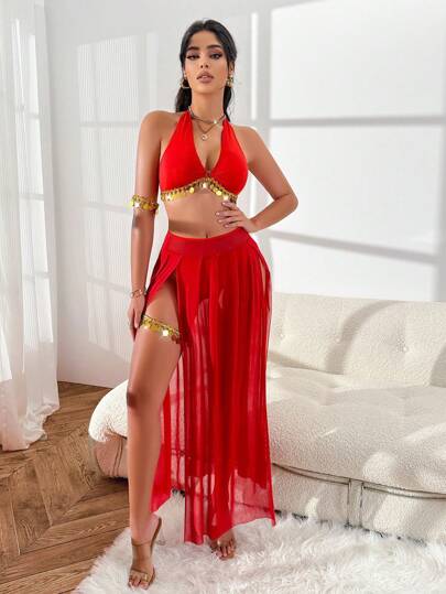 طقم تانكيني حريمي Fantasy Costume مجموعة زي نسائي مرقط بالترتر (ملابس علوية، تنورة، سراويل داخلية، إكسسوار للساق، إكسسوار للذراع)