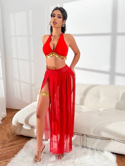 طقم تانكيني حريمي Fantasy Costume مجموعة زي نسائي مرقط بالترتر (ملابس علوية، تنورة، سراويل داخلية، إكسسوار للساق، إكسسوار للذراع)
