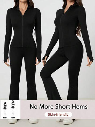 Tall مجموعة من قطعتين للنساء، ملابس علوية رياضي بأكمام طويلة وسحاب، وبنطال طويل واسع الساق ذو لون أحادي