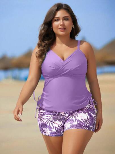 Swim Lushoire 2 حبة أزياء سباغيتي عشوائية لسيدات كبيرات الحجم تغطي البطن ملابس السباحة