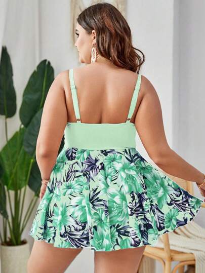 Swim Lushoire بدلة سباحة بكاميسول مبطن 2 قطعة للنساء من المقاسات الكبيرة، رسمة زهور عشوائية ، ملابس سباحة عادية للإجازات