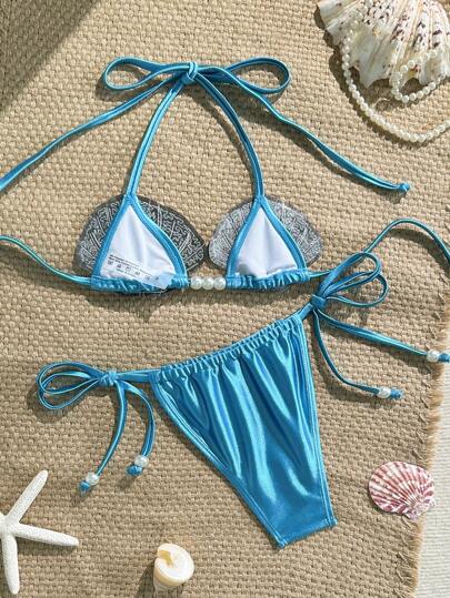 Swim Vcay مجموعة بيكيني من قطعتين للنساء ، مزينة بأصداف اللؤلؤ والكأس, من قماش لامع بتصميم مثلث ربطة الخصر، بألوان سادة
