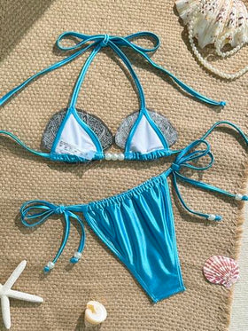 Swim Vcay مجموعة بيكيني من قطعتين للنساء ، مزينة بأصداف اللؤلؤ والكأس, من قماش لامع بتصميم مثلث ربطة الخصر، بألوان سادة