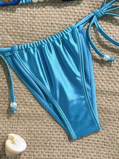Swim Vcay مجموعة بيكيني من قطعتين للنساء ، مزينة بأصداف اللؤلؤ والكأس, من قماش لامع بتصميم مثلث ربطة الخصر، بألوان سادة