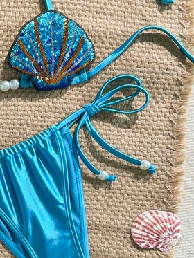Swim Vcay مجموعة بيكيني من قطعتين للنساء ، مزينة بأصداف اللؤلؤ والكأس, من قماش لامع بتصميم مثلث ربطة الخصر، بألوان سادة