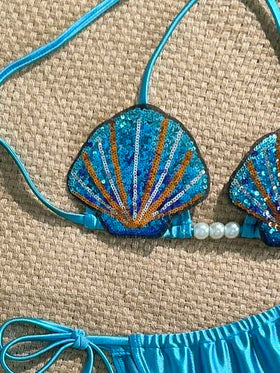 Swim Vcay مجموعة بيكيني من قطعتين للنساء ، مزينة بأصداف اللؤلؤ والكأس, من قماش لامع بتصميم مثلث ربطة الخصر، بألوان سادة