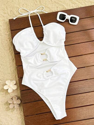مايوه حريمي قطعة واحدة Swim SXY ملابس نسائية للشاطئ ربيعية، بيكيني بلون واحد معدني مُفرَّغ بشكل متقاطع، بدلة سباحة قطعة واحدة عصرية وجذابة