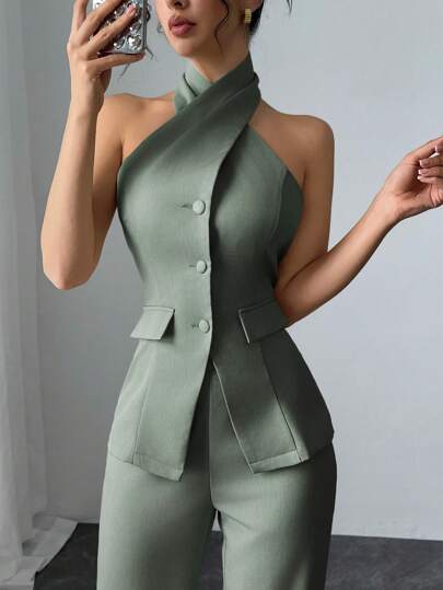Modelyn مجموعة ملابس علوية قصير بلا ظهر وأزرار أمامية وبنطلون طويل، موضة صيفية للنساء 2 قطعة/مجموعة