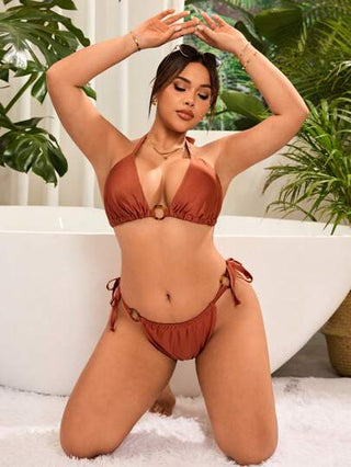 Swim SXY قطعة واحدة ملابس سباحة للنساء ذوات الأحجام الكبيرة، نمط لون واحد ذو كؤوس مثلثة متداخلة، عنصرين، أنيقة وجذابة للشاطئ وعطلة