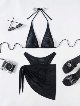 Swim SXY طقم 3 قطع للنساء: توب قصير أسود مزين بالراين وشورت بيكيني مثلثي مع تنورة الساروُن، بدلة سباحة للشاطئ