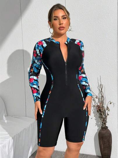 Swim SPRTY بدلة سباحة بأكمام طويلة طبعة استوائية للنساء بحجم كبير، لون أسود، إغلاق سوستة، مناسبة للرياضة والأوقات العادية وعطلات الشاطئ والموضة