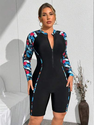 Swim SPRTY بدلة سباحة بأكمام طويلة طبعة استوائية للنساء بحجم كبير، لون أسود، إغلاق سوستة، مناسبة للرياضة والأوقات العادية وعطلات الشاطئ والموضة