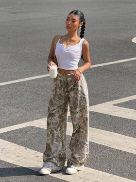 SHEIN EZwear سروال مريح فضفاض للنساء مطبوع بطباعة الأفرع