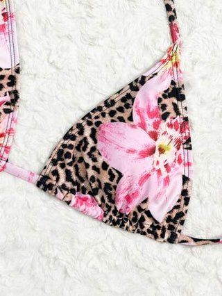 Swim SXY 4 قطع من ملابس الشاطئ الصيفية للنساء مع طبعات نباتات استوائية وفهد، بيكيني هولتر، تنورة رباط، ومجموعة وشاح الرأس