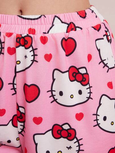 HELLO KITTY AND FRIENDS | SHEIN طقم بيجامة للنساء مكون من توب كامي أبيض بنمط عقدة الفراشة القطة الكرتونية الجميلة وبنطلون وردي، طراز Y2K، حلو، للاستخدام اليومي، المنزل، الراحة، الصيف