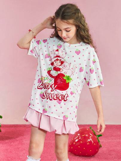 تيشيرتات بناتي Strawberry Shortcake X  تي شيرت قصير الأكمام كاجوال أبيض لفتاة المراهقة مزين برسمة فريزة وردية كرتونية جميلة وحلوة