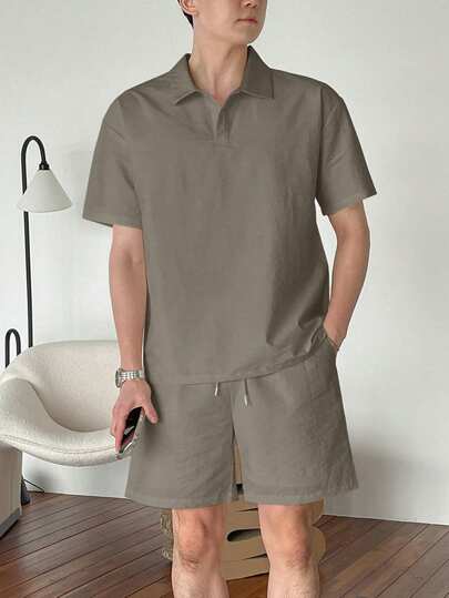 ملابس رجالي DAZY طقم قميص بولو أكمام قصيرة ذو لون أحادي وشورت رجالي للصيف