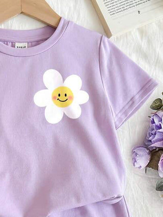 girls-sets مجموعة من 2 قطعة مجموعة تي شيرت وشورت قصير مطبوع عليهما وجه مبتسم وزهور لطيفة وبسيطة لفتيات مراهقات