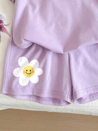 girls-sets مجموعة من 2 قطعة مجموعة تي شيرت وشورت قصير مطبوع عليهما وجه مبتسم وزهور لطيفة وبسيطة لفتيات مراهقات