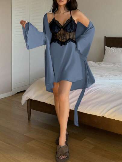 DAZY طقم ملابس نوم من الساتان والدانتيل المرقع، فستان كامي نحيف وجاكيت مربوط، ملابس خريف وشتاء رمضان