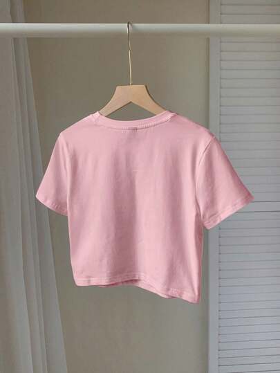 EZwear تي شيرت قصير أنيق بأكمام قصيرة وياقة مستديرة، تصميم بسيط وجذاب مع زخرفة فيونكة، مناسب للصيف