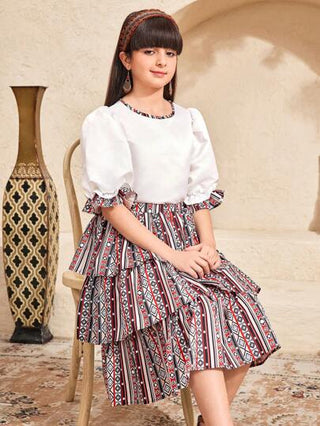 girls-sets طقم ملابس علوية بتصميم عطلة مع تنورة مخططة للفتيات المراهقات