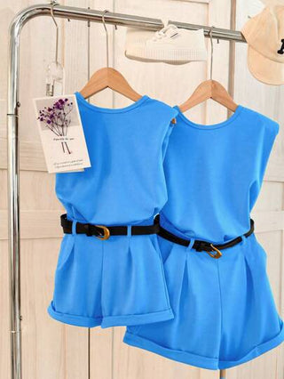 girls-sets طقم ملابس علوية وشورت لفتيات المراهقات بلون صلب كاجوال للصيف قطعتان