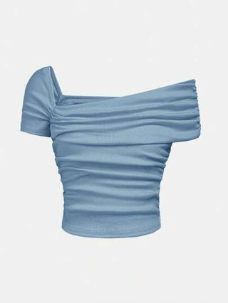 ملابس بناتي Girlism تي شيرت T-shirt كاجوال غير متماثل الأكتاف مجعد منسوج بالألوان الداكنة مناسب للمراهقات